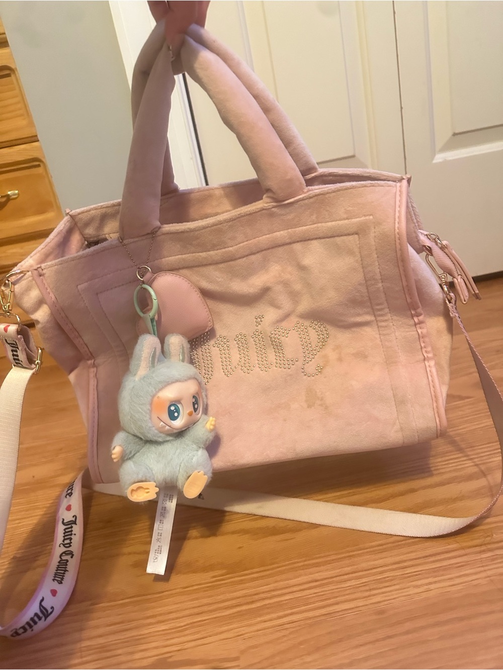 Used Juicy Couture Light Pink Velour Tote with Labubu Charm